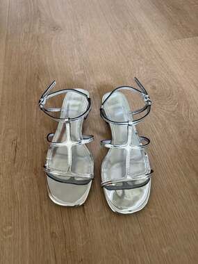H&M Silver Metallic Strappy Low Block Heel Sandals